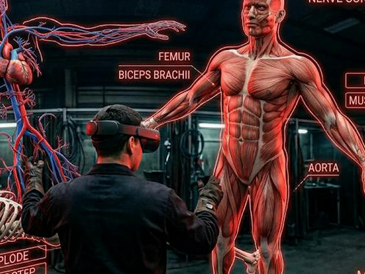 Estudiante observando un modelo anatómico humano tridimensional en realidad aumentada.