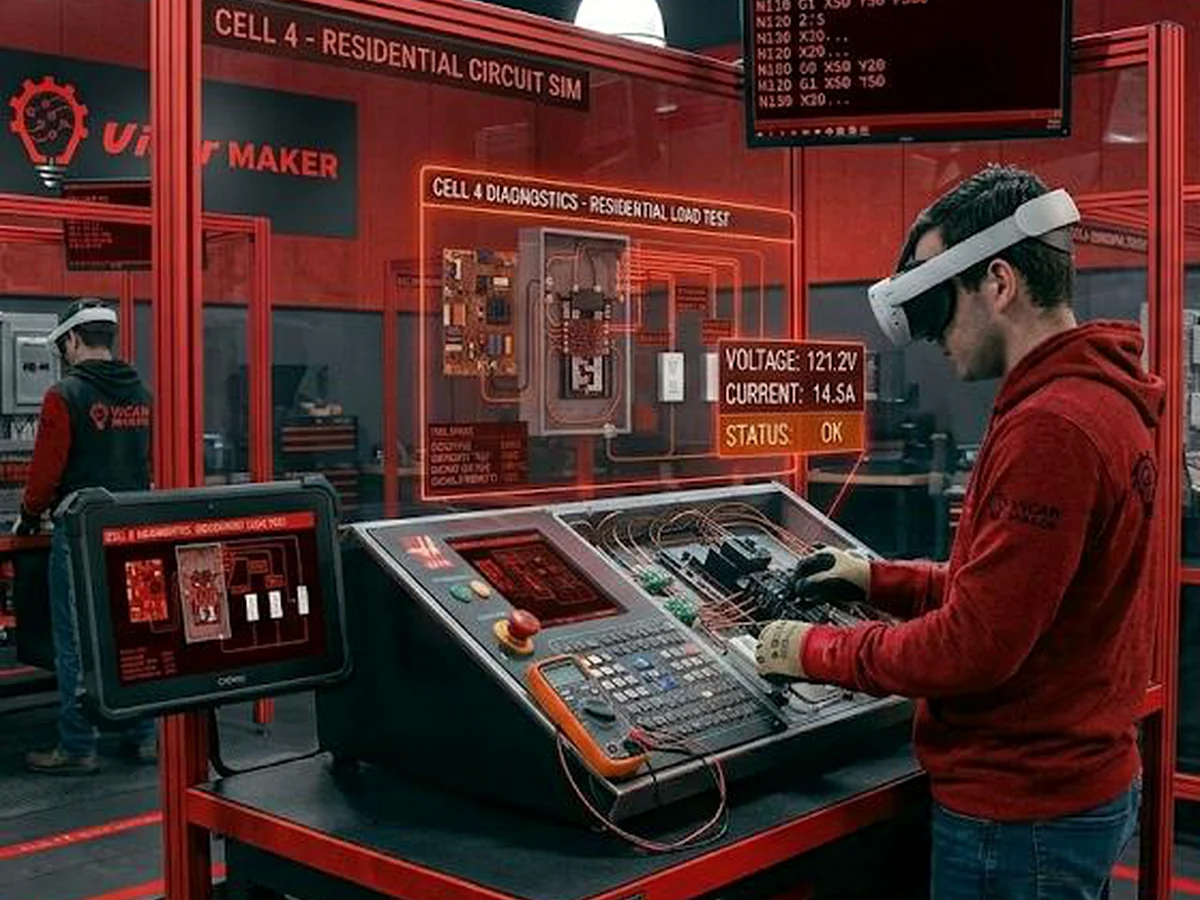 Estudiante con visor de realidad aumentada frente a una instalación eléctrica doméstica y un tablero de pruebas.